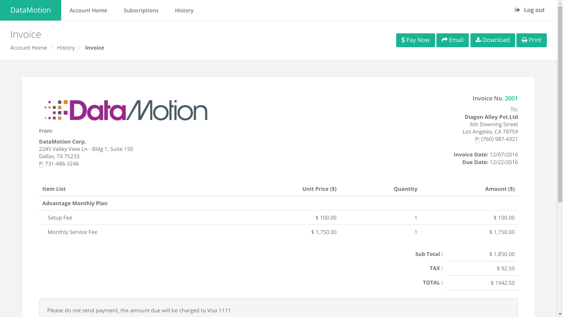 Mobile & desktop customer self-service portal - view of account invoice.